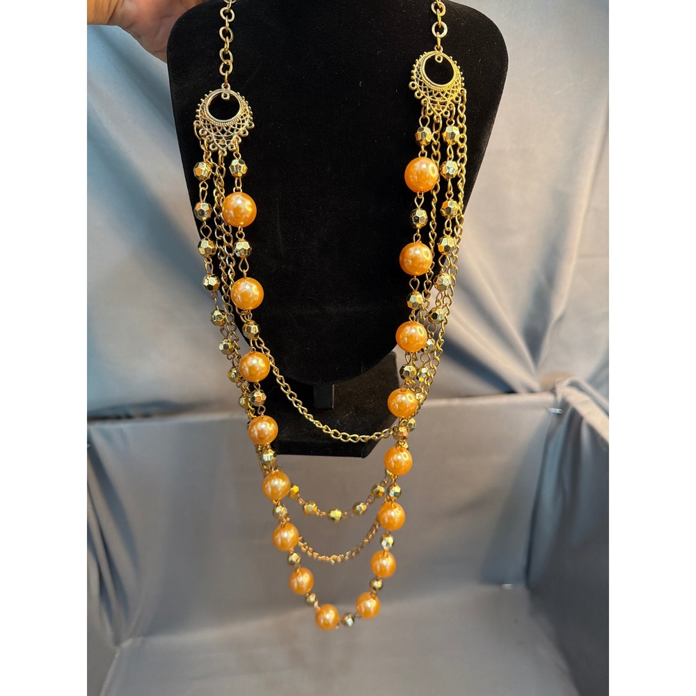 Vintage Style Multi Strand Orange Faux Pearl Gold Tone Layered Necklace